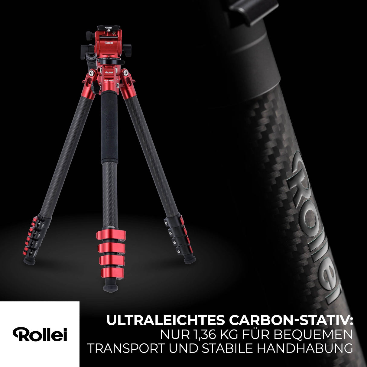 Rollei Easy Traveler Video - Trípode de Carbono (Capacidad de Carga de 4,5 kg, Altura de 164 cm, Ultraligero, Compacto, función de Bloqueo)