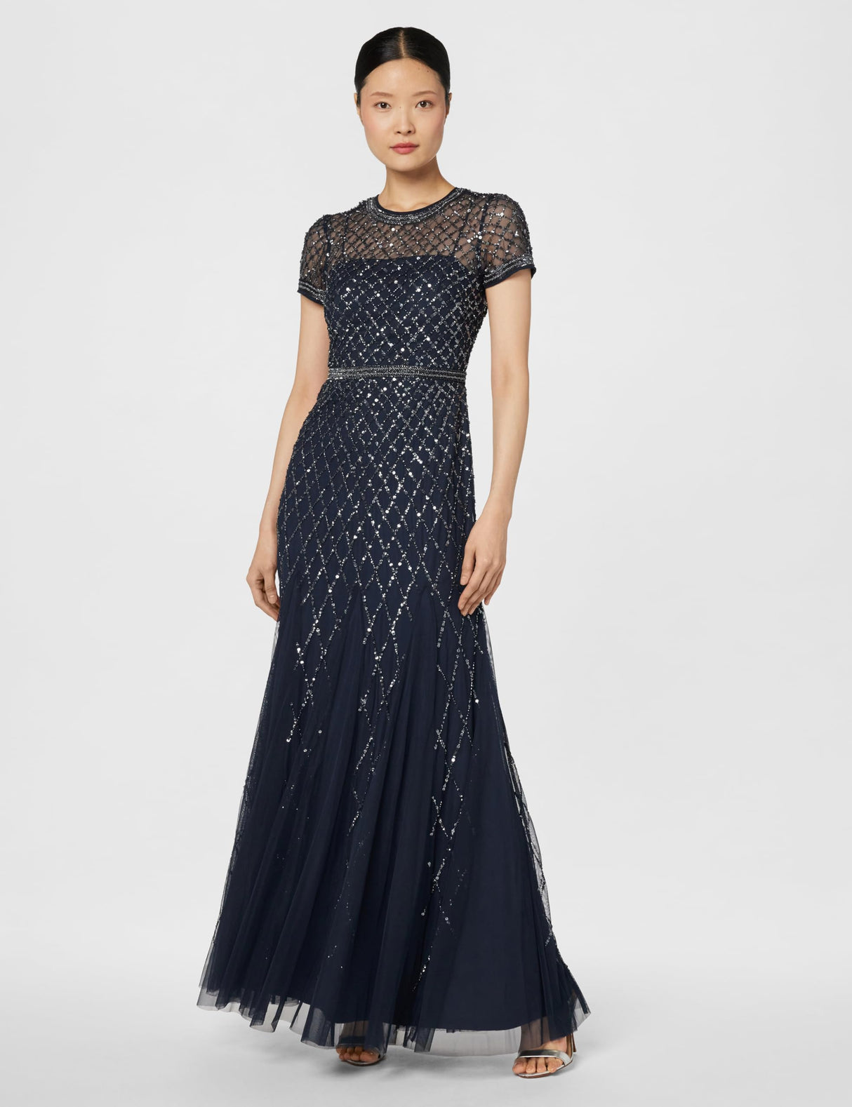 Adrianna Papell - Vestido de Manga Corta con Cuentas de Rejilla para Mujer, Marino, 10