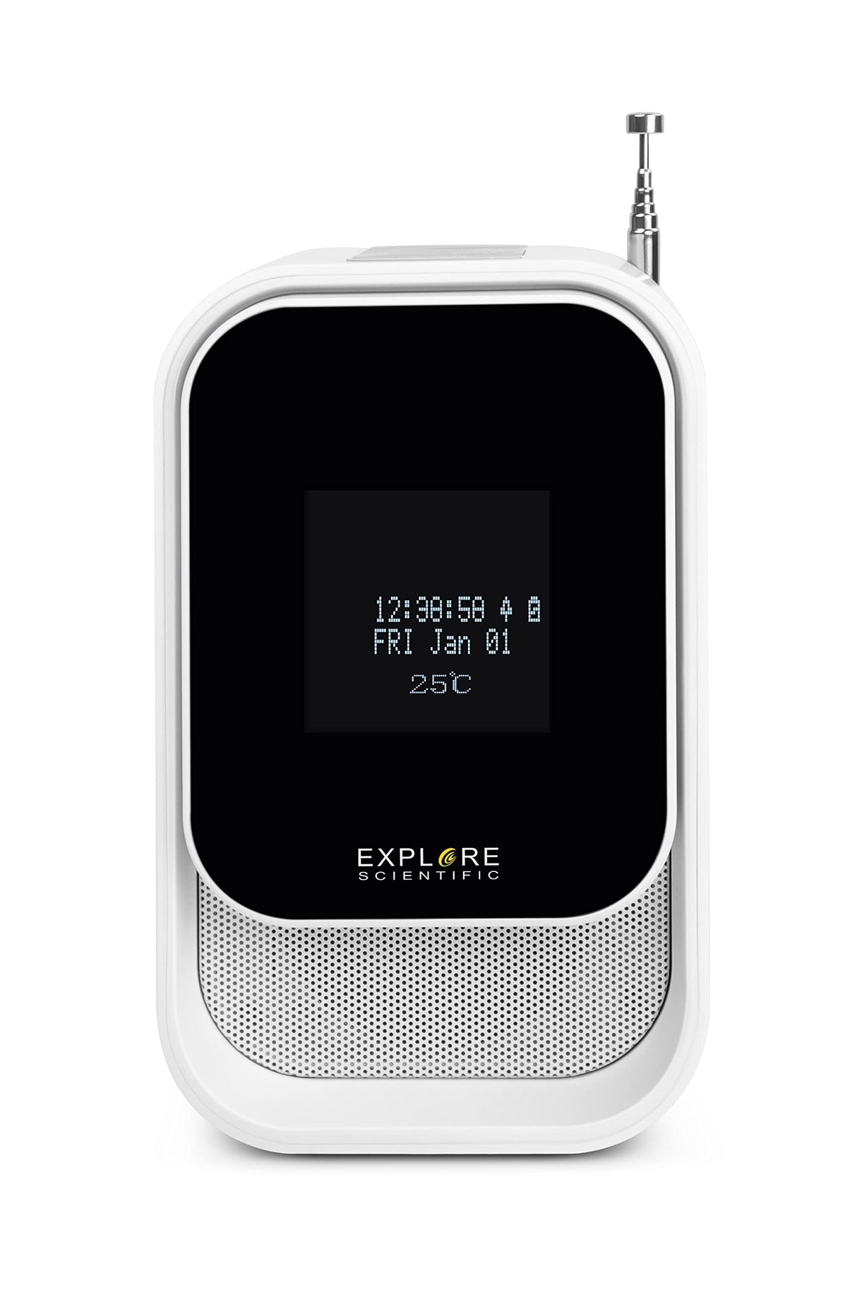 Explore Scientific BCR2001 - Radio Despertador con función Dab+, Bluetooth, Toma USB, batería Recargable, Color Blanco
