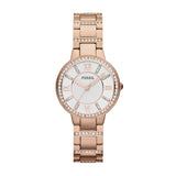 Fossil Virginia Reloj para mujer, movimiento de cuarzo con correa de acero o piel, Tono oro rosa y blanco con purpurina, 30MM
