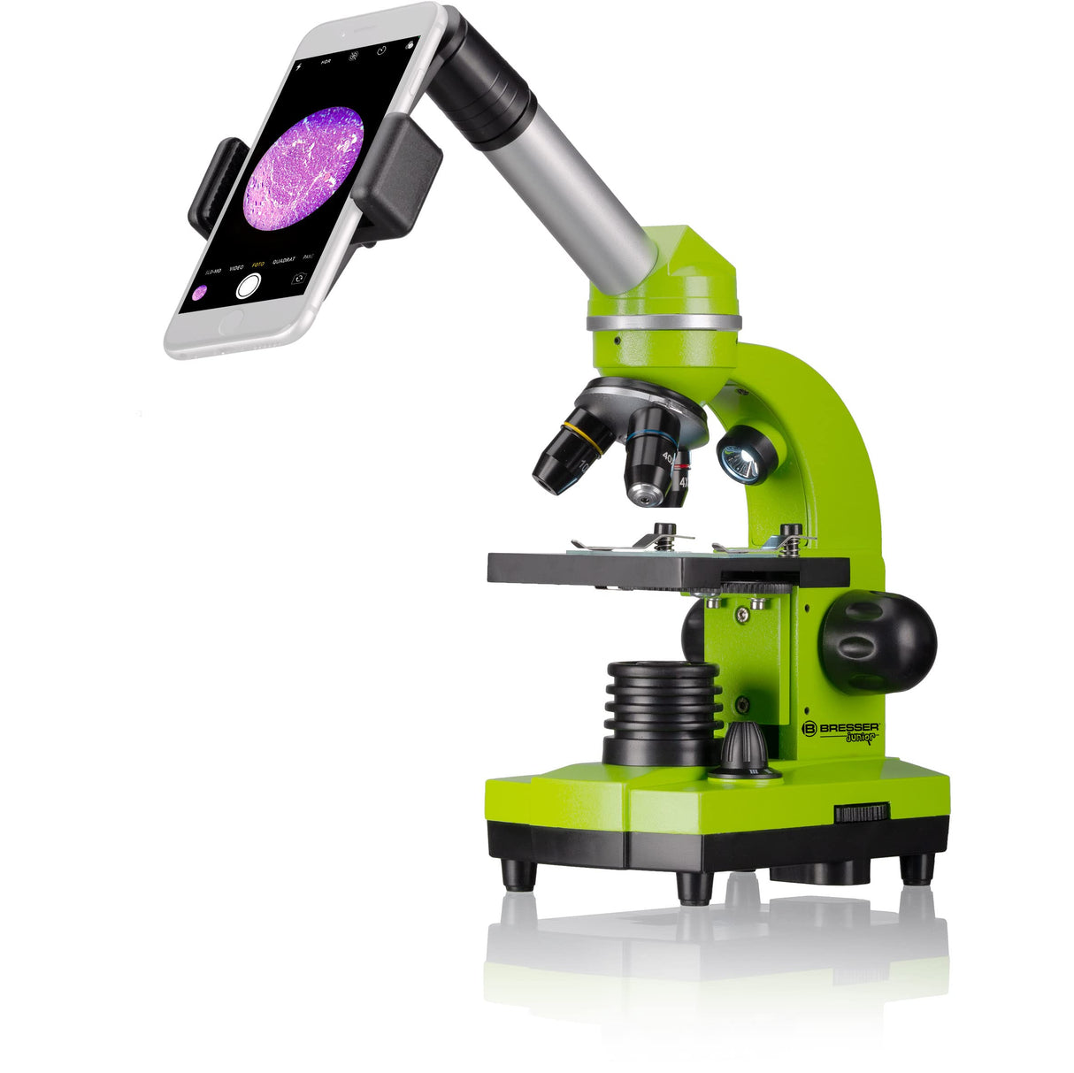 Bresser Microscopio para Estudiantes Biolux Sel con Soporte para Smartphone, Ricos Accesorios y Sistema de Zoom Barlow para niños, Principiantes y Adultos, Color Verde