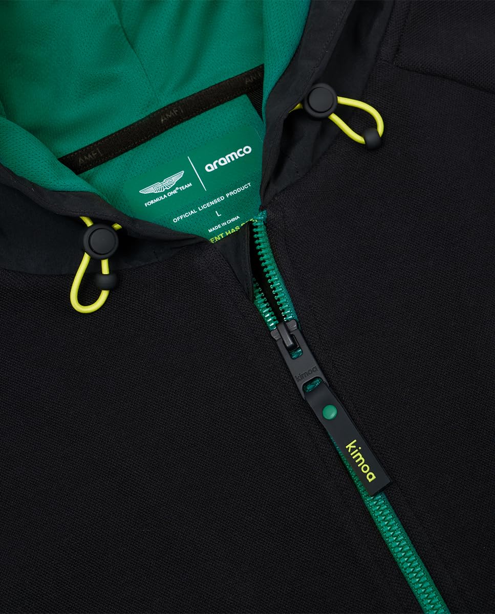 KIMOA - Sudadera Aston Martin F1 2024 Fernando Alonso - Sudadera Hombre con Capucha, Sudadera Cremallera Hombre - XS - Negra - Tejido Reciclado