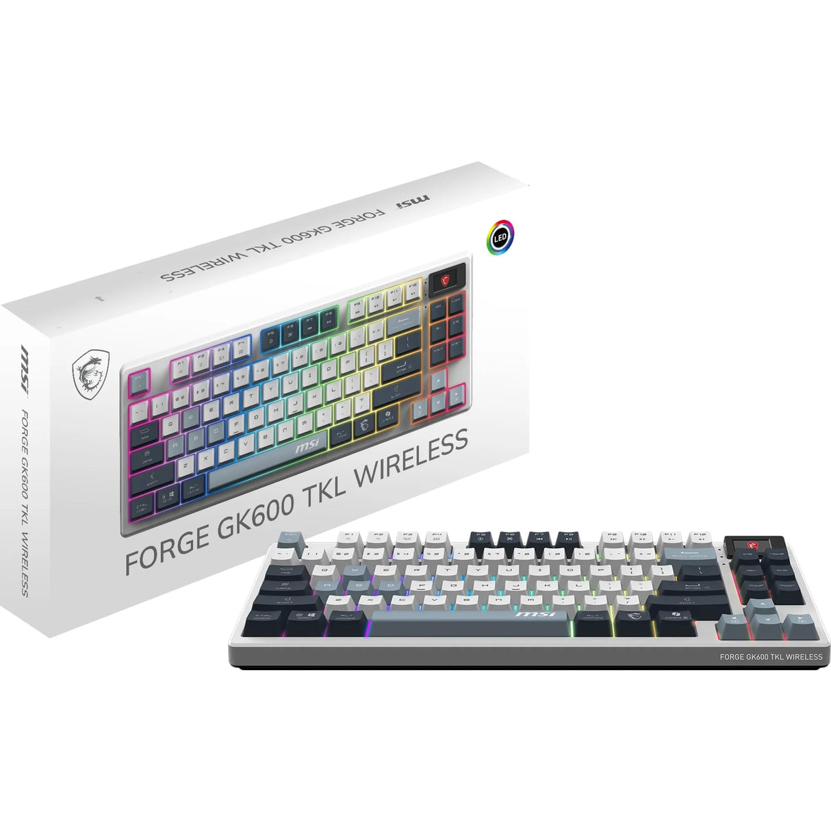 MSI Forge GK600 TKL Wireless Sky FR - Teclado AZERTY mecánico con interruptores lineales - Teclas PBT Impresas por sublimación, Base Antideslizante, LED RGB, USB 2.0, Bluetooth, 2.4 GHz - Tenkeyless