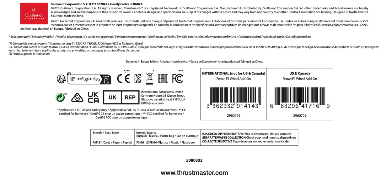 Thrustmaster Ferrari F1 Wheel Add-On - Volante de carreras desmontable que incorpora el sistema Thrustmaster Quick Release