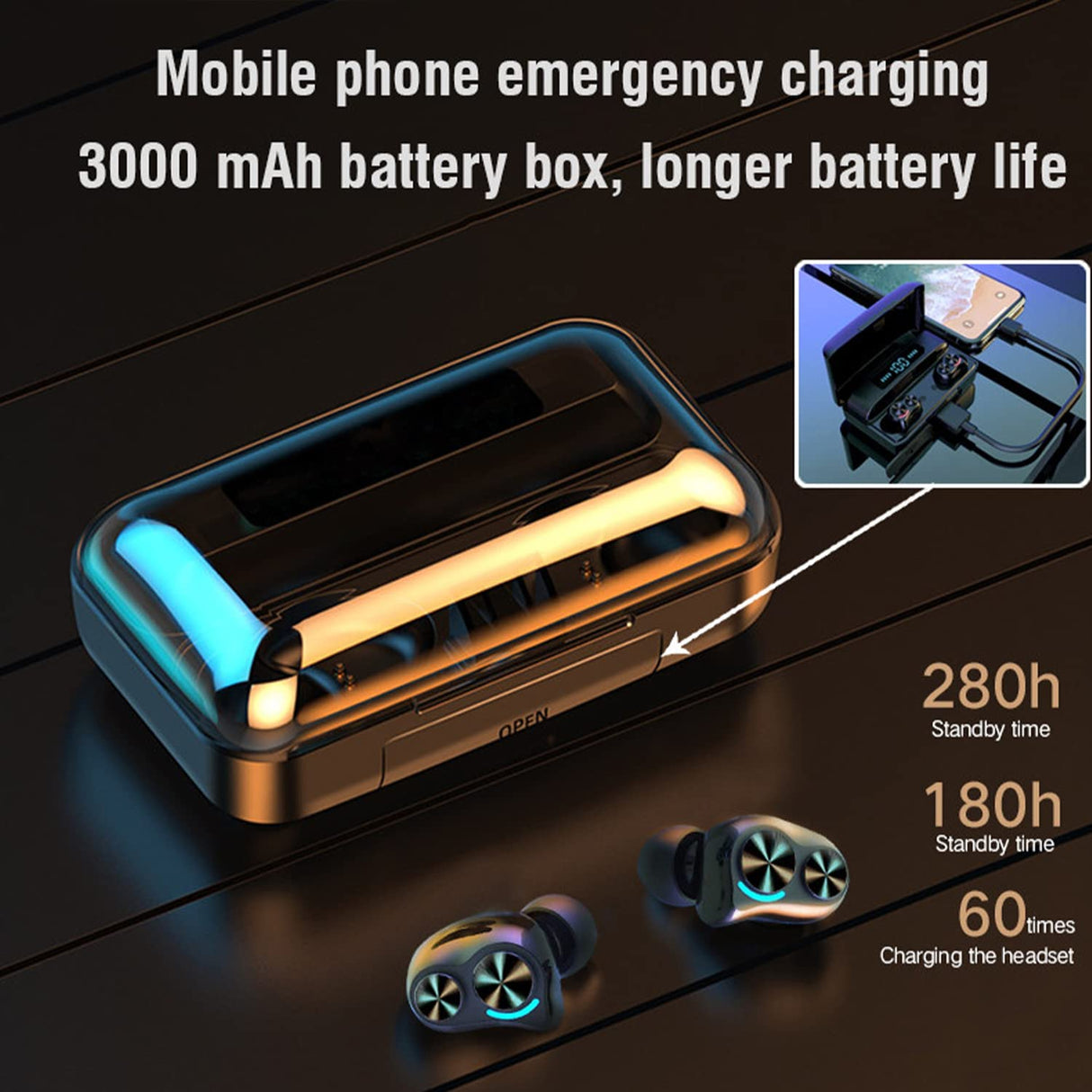 Jmamba Auriculares inalámbricos Bluetooth Sonido, IPX7 Impermeables con micrófono, Control táctil, Pantalla de alimentación LED, Funda de Carga