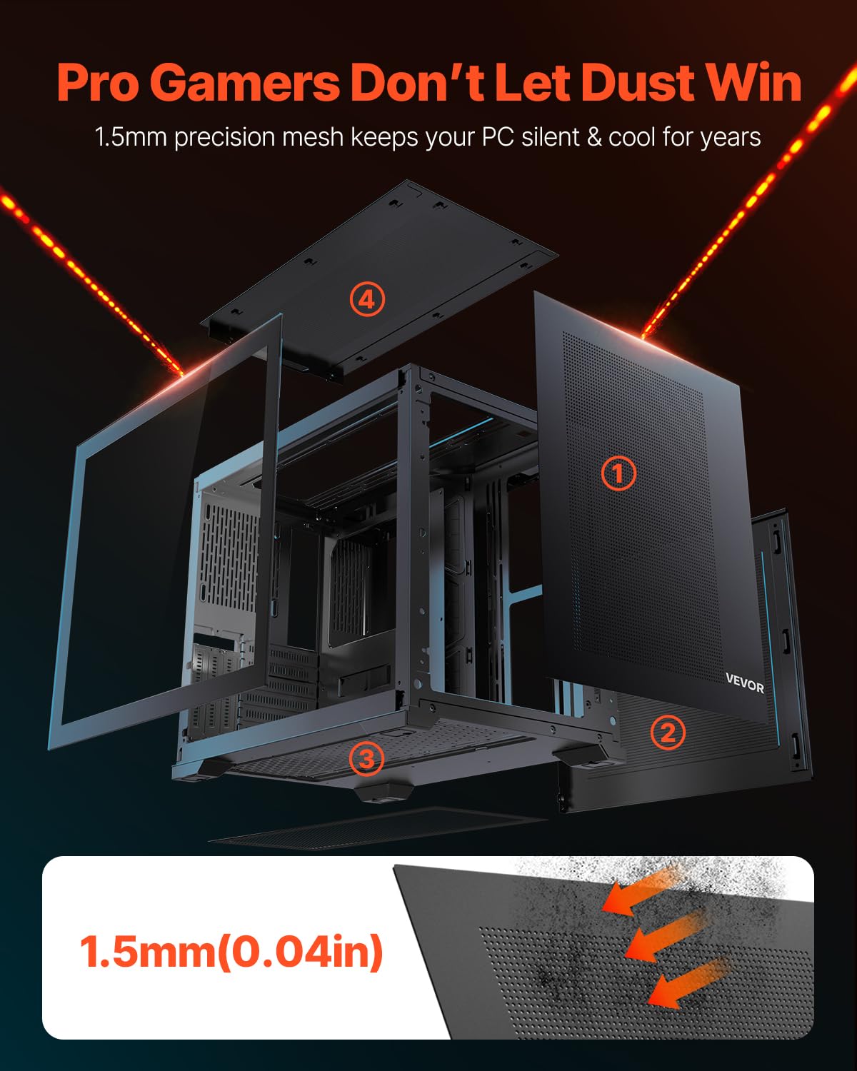 VEVOR Caja para PC Torre Media Doble Cámara con Panel de Vidrio Templado Filtro Magnético Antipolvo Gestión de Cables para GPU hasta 410 mm de Longitud Compatible con ATX/M-ATX/ITX, Sin Ventilador