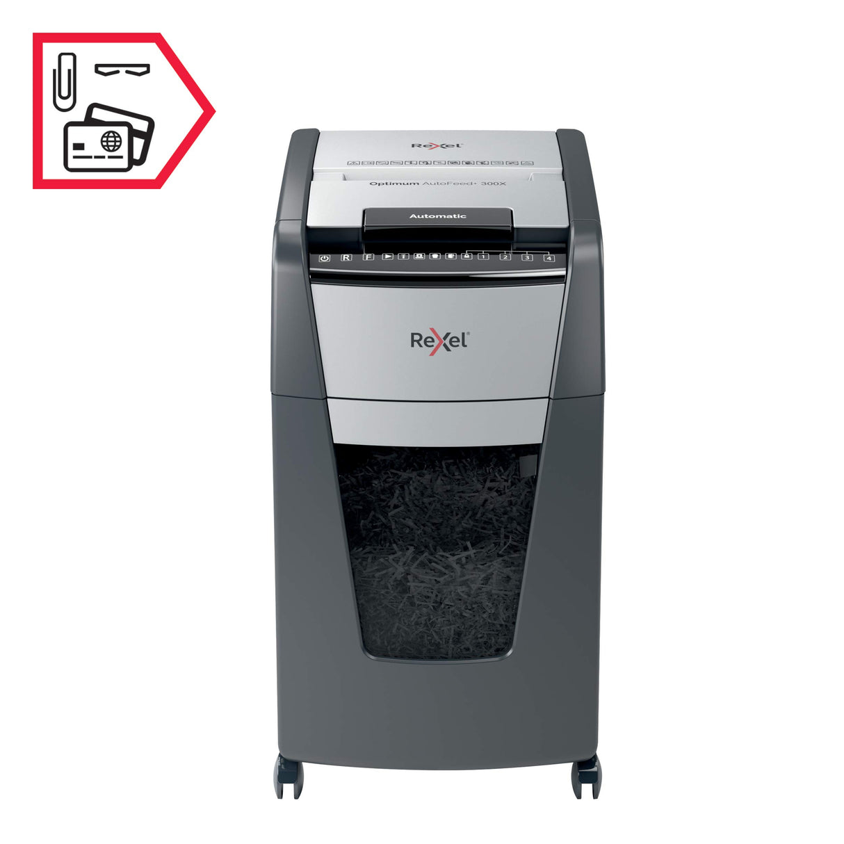 Rexel 2020300XEU - Destructora Automática Optimum AutoFeed 300X, Corte en Partículas P-4, Hasta 300 Hojas, Papelera 60L, Destruye Tarjetas de Crédito, Grapas y Clips, Negro