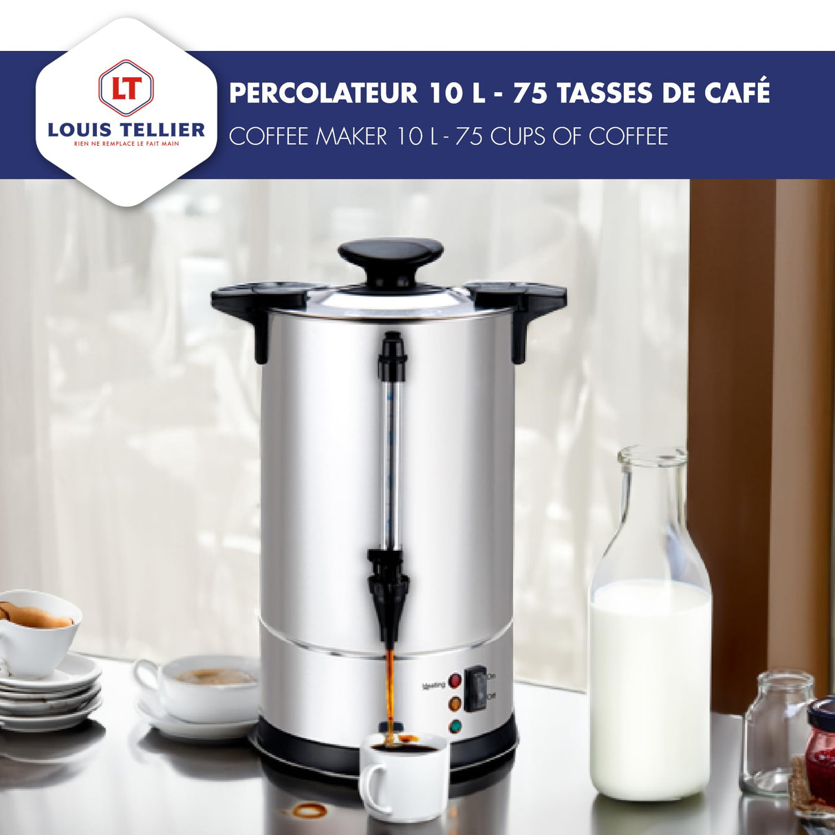 Louis Tellier - Percolador de Café Profesional - Capacity 10 L – Capacidad para 75 Tazas - Acero Inoxidable - Grifo de Goteo