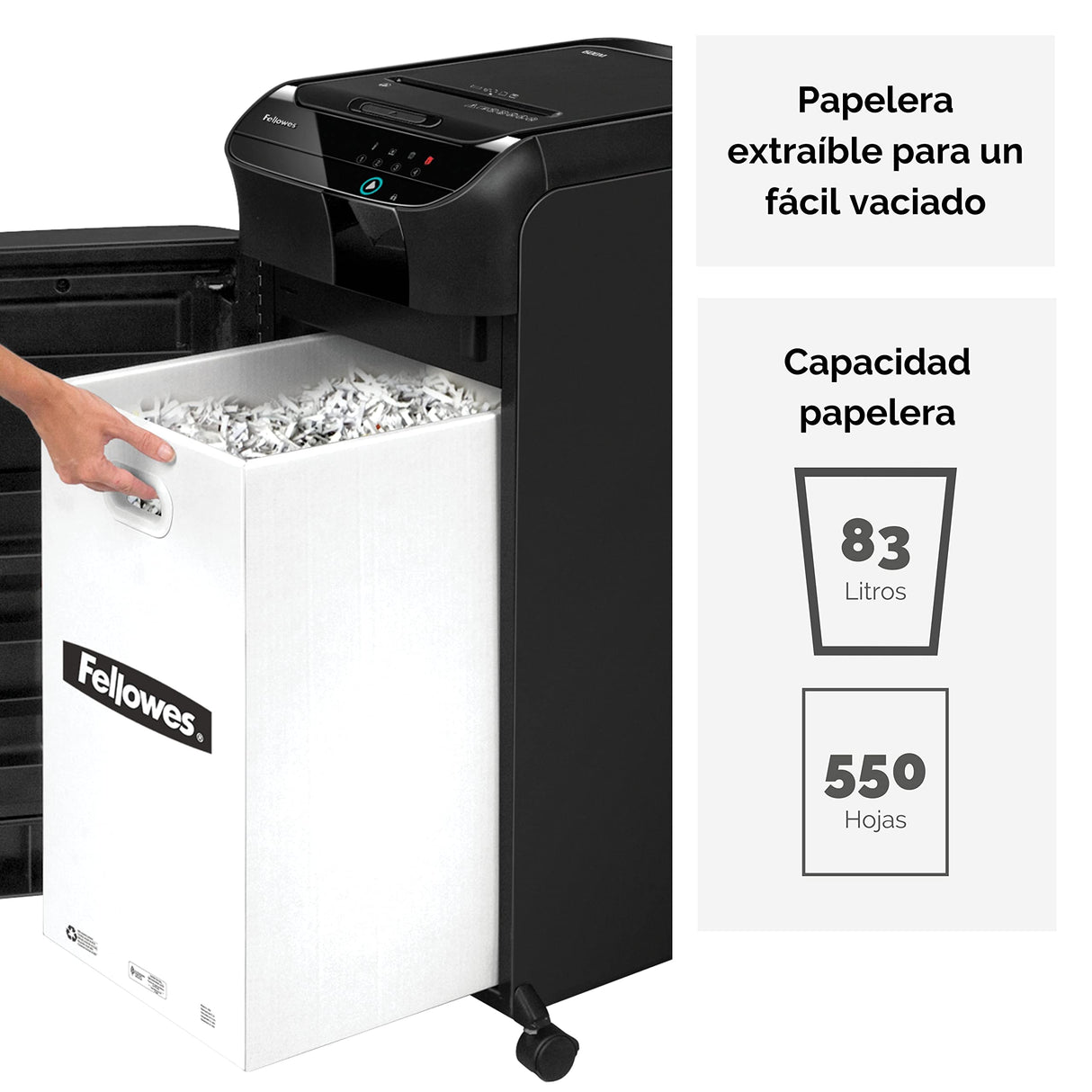 Fellowes Automax™ 550C - Destructora trituradora de Papel automática, Corte en partículas de 4x38mm (DIN P-4), destruye hasta 550 Hojas, hasta 10 usuarios en la Oficina, Papelera de 83L, destruye CD