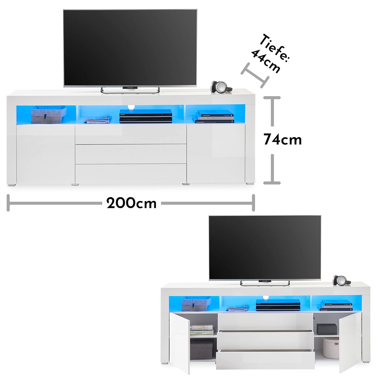 Stella Trading Mueble bajo Goal, Blanco Brillante con iluminación LED Azul, Armario Espacio de Almacenamiento para su salón, Material de Madera, TV-Lowboard 200 cm