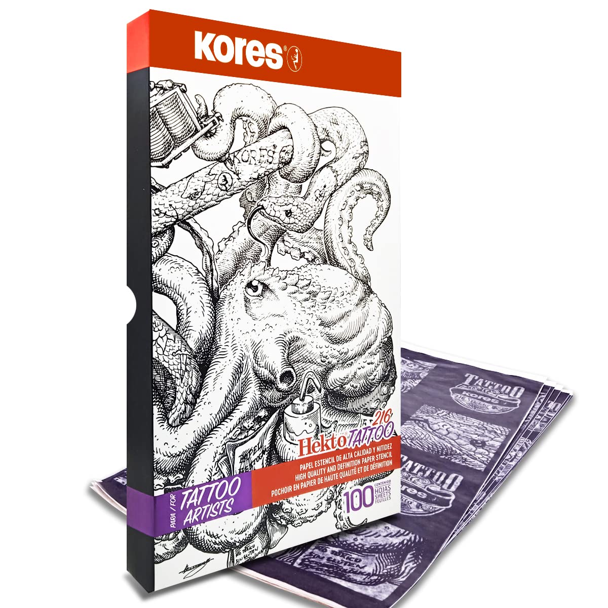 Kores - Papel de tatuaje - Hekto 216 - Papel de transferencia, plantilla con tinta morada para kit de tatuaje - No tóxico - Papel de plantilla de tatuaje - 21,5 x 36,8 cm - Caja de 100