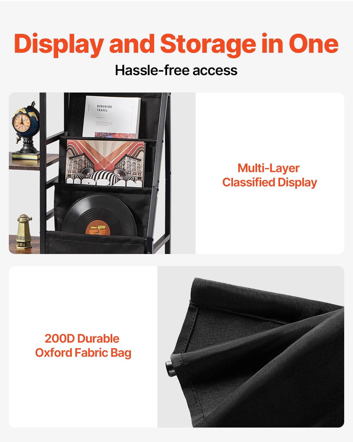 VEVOR Soporte para Tocadiscos 840 x 300 x 740 mm de 3 Niveles con Estación de Carga y Puertos USB, Admite Hasta 200 álbumes, Soporte para Tocadiscos con Almacenamiento de Discos de Vinilo, Negro