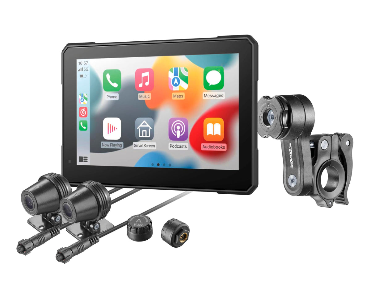 INTERPHONE SYNC70 Carplay - Pantalla para Moto Apple y Android – Pantalla de 7 Pulgadas WiFi y Bluetooth con detección de ángulo Muerto y cámaras duales – Pantalla Carplay con Soporte QUIKLOX, IP66