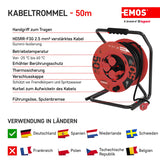 EMOS P19221 Carrete de Cable de 50m-4 enchufes Schuko-Impermeable, Impactos, Resistente a temperaturas-230 V, 15 A, 3500 W-Aislamiento de goma-H05RR-F 2,5 mm2-IP44 para Exteriores, Gris, Azul, Negro
