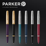 Parker 51 pluma estilográfica | cuerpo azul verdoso con adorno cromado | plumín fino con cartucho de tinta negra | estuche de regalo