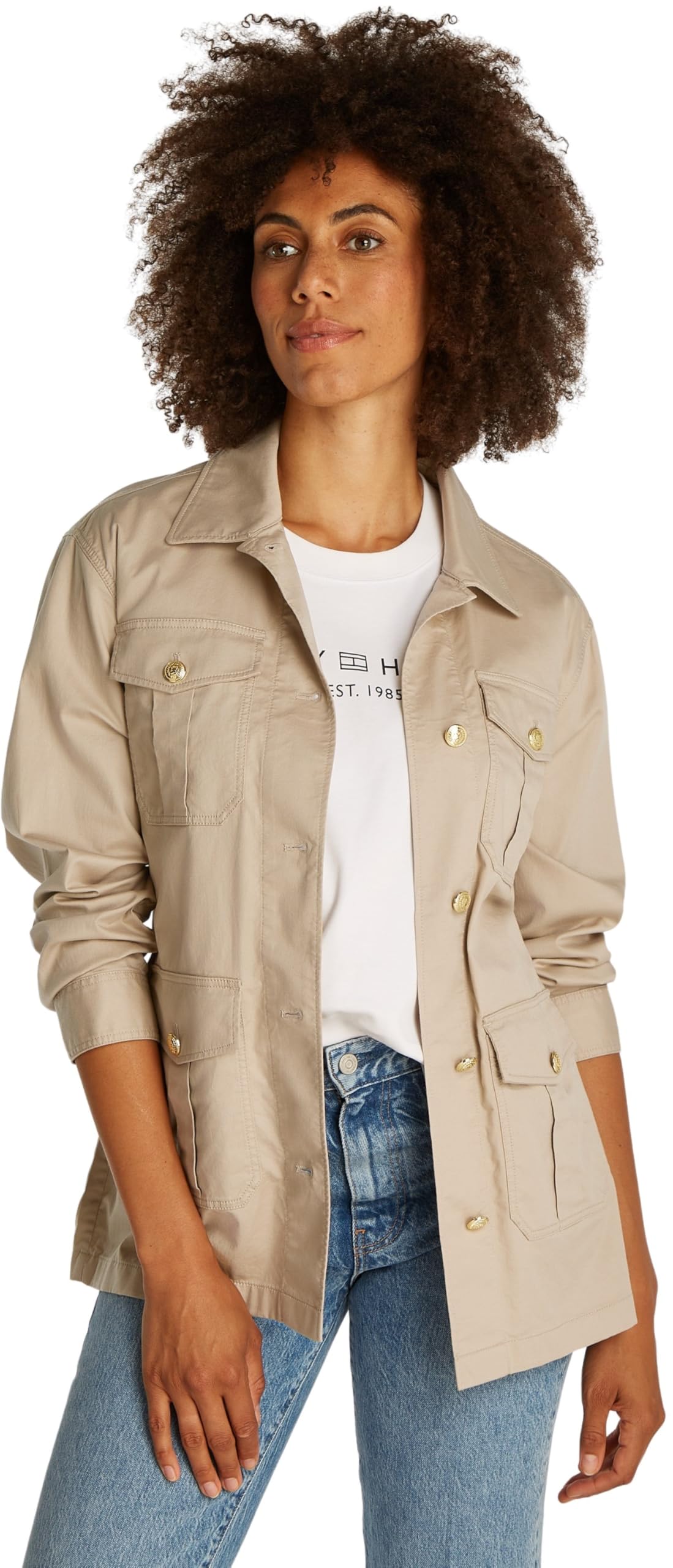 Tommy Hilfiger Chaqueta tipo camisa Mujer Gold Button Utility con bolsillos en el pecho, Beige (Sandalwood), XS