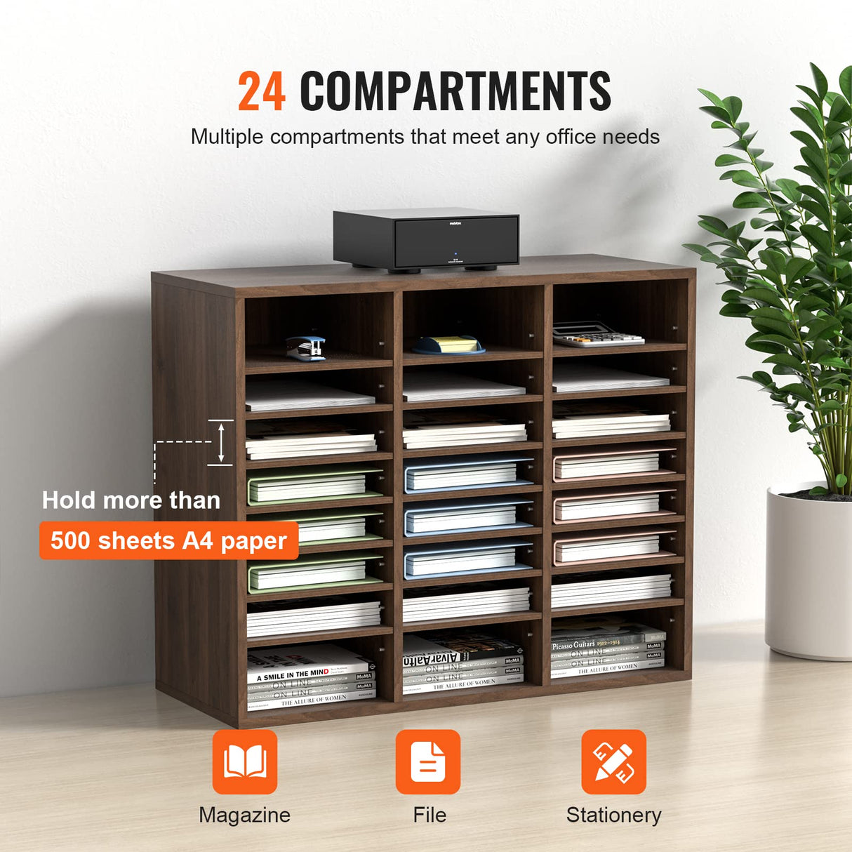 VEVOR Organizador de Literatura de madera Aglomerado Estante de Almacenamiento de Documentos de 24 Compartimentos 73,7x30,5x62 cm Clasificador de Literatura con Estantes Ajustables para Oficina Marrón