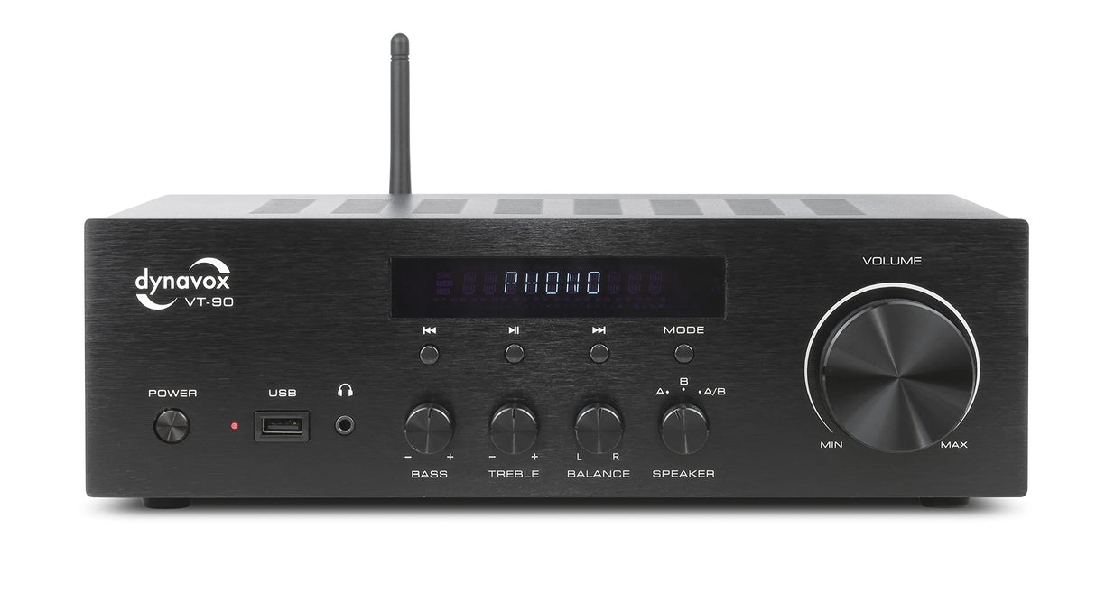 Dynavox VT-90 Amplificador estéreo Compacto, terminales de conexión atornillables para 4 Altavoces, Control Remoto, Entrada de Fono, transmisión BT, Negro