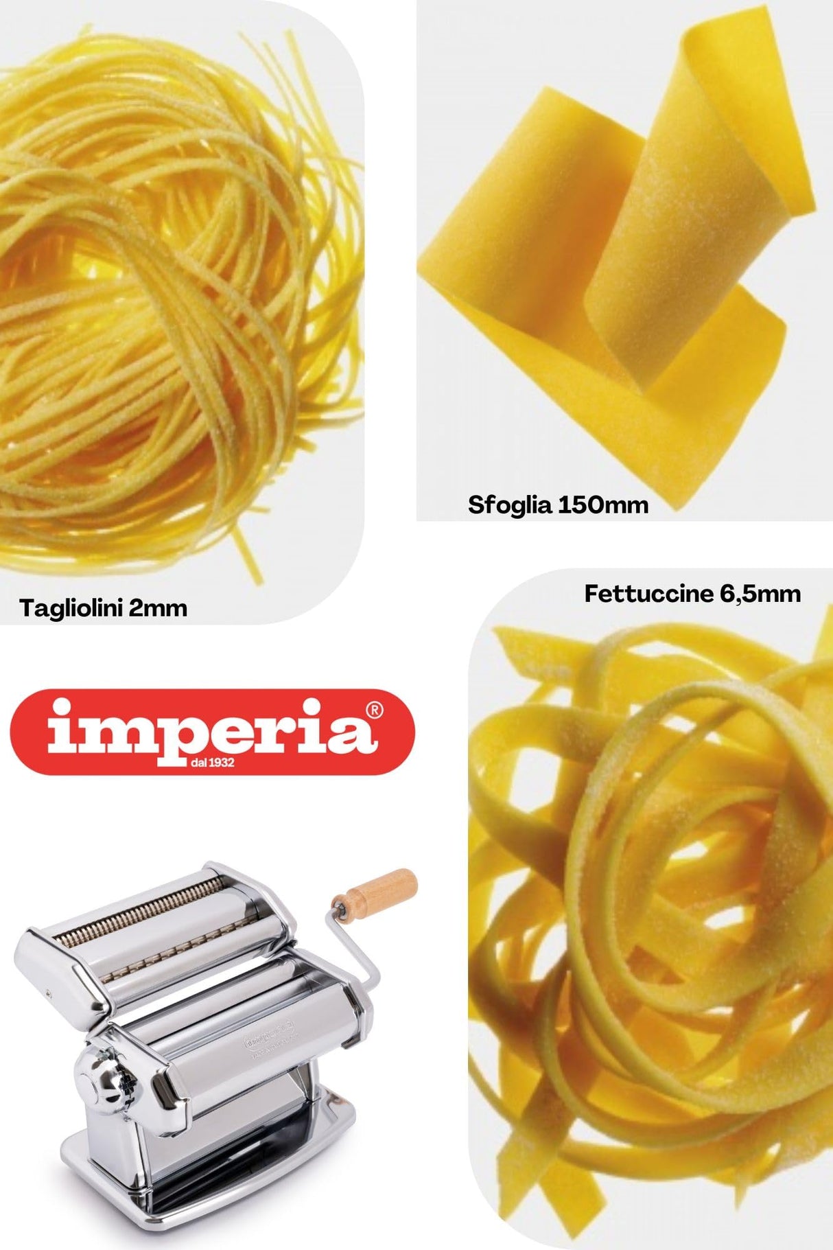 Imperia IPasta Línea Clásica. Máquina para Pasta. 100% Made in Italy. Máquina de pasta fresca en acero. Laminadora manual con manivela. Crea láminas para lasagne, tagliolini, fettuccine.