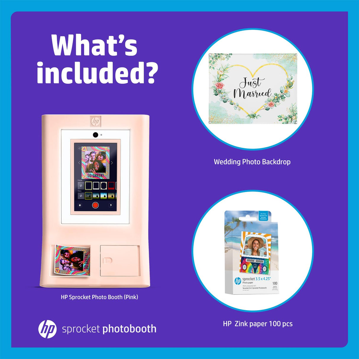 HP Sprocket Cabina fotográfica Impresora instantánea de Color (Rosa) + Papel Zink (100 Hojas) + Fondo fotográfico de Boda (1)