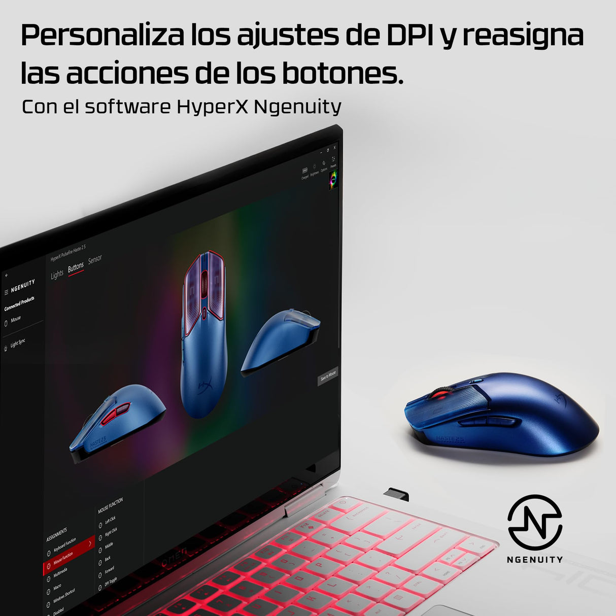 HyperX Pulsefire Haste 2 S - Ratón Gaming inalámbrico, Carcasa de magnesio, Ultra-Ligero 64g, batería 120h, Glass Skates, Sensor 26K, Color Azul