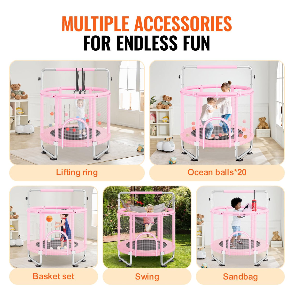 VEVOR Trampolín para Niños para Interiores y Exteriores, Mini Trampolín Recreativo para Niños Pequeños con Red de Seguridad y Aro de Baloncesto, para Niños de más de 3 Años, 1470 x (1540-1690)mm, Rosa