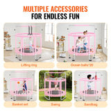 VEVOR Trampolín para Niños para Interiores y Exteriores, Mini Trampolín Recreativo para Niños Pequeños con Red de Seguridad y Aro de Baloncesto, para Niños de más de 3 Años, 1470 x (1540-1690)mm, Rosa