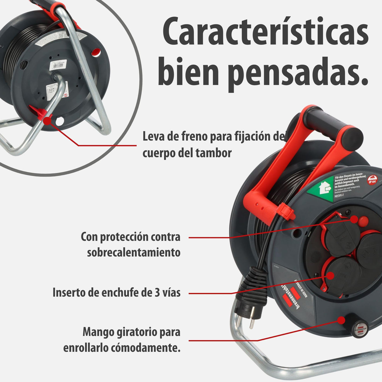Brennenstuhl Enrollacables Garant V2 IP44 25m exterior (Made in Germany, 3 tomas de corriente con contacto de puesta a tierra, plástico especial)
