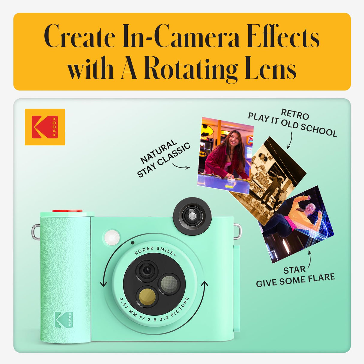 KODAK Smile+ Cámara Digital instantánea 2-en-1 y Impresora Bluetooth - 10MP, Lente giratoria con Efectos, Fotos Adhesivas Zink 2x3”, Imprime Desde App en Dispositivos Inteligentes - Verde