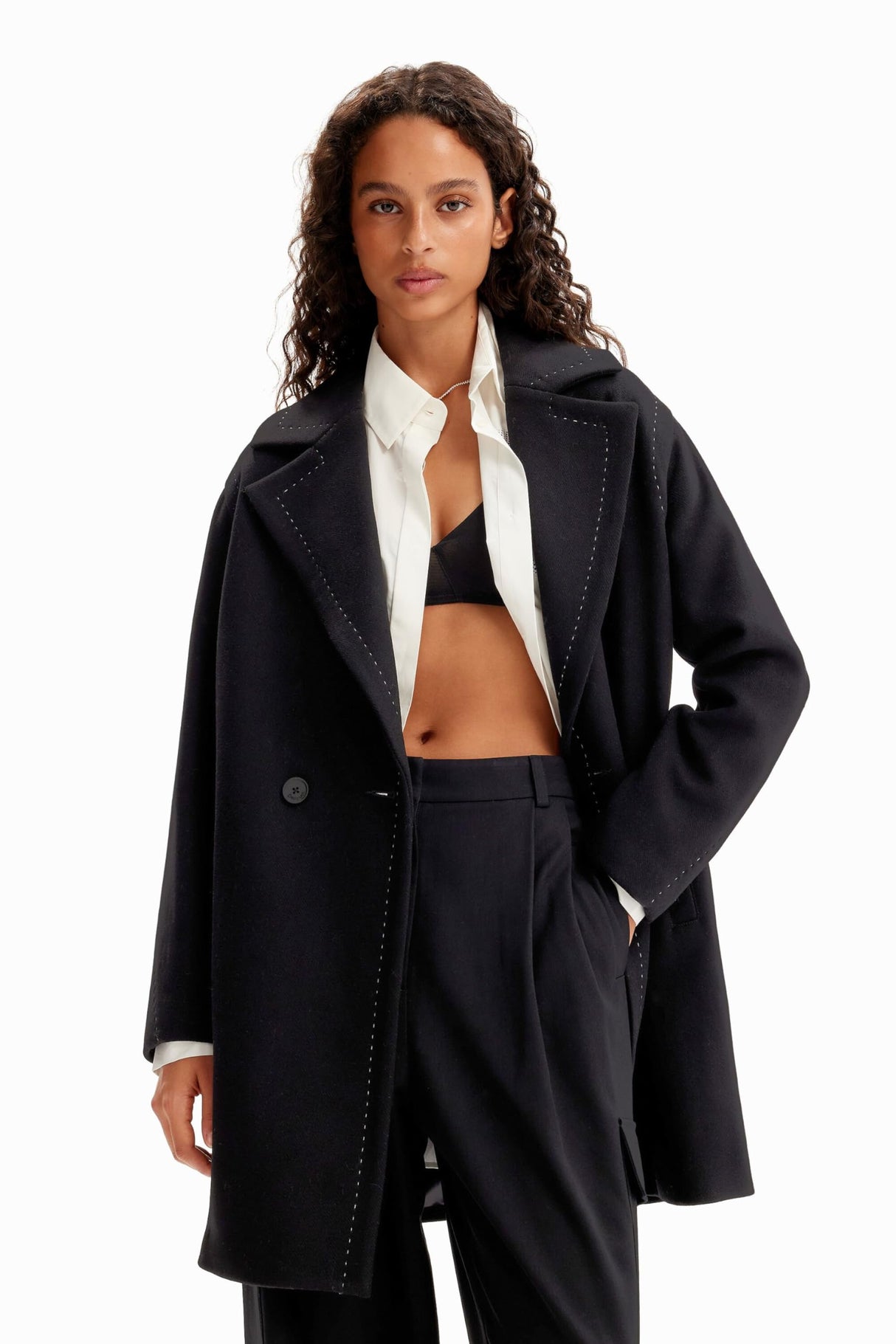 Desigual Coat_Stitch Woman Woven Overcoat, Negro, S Mujeres