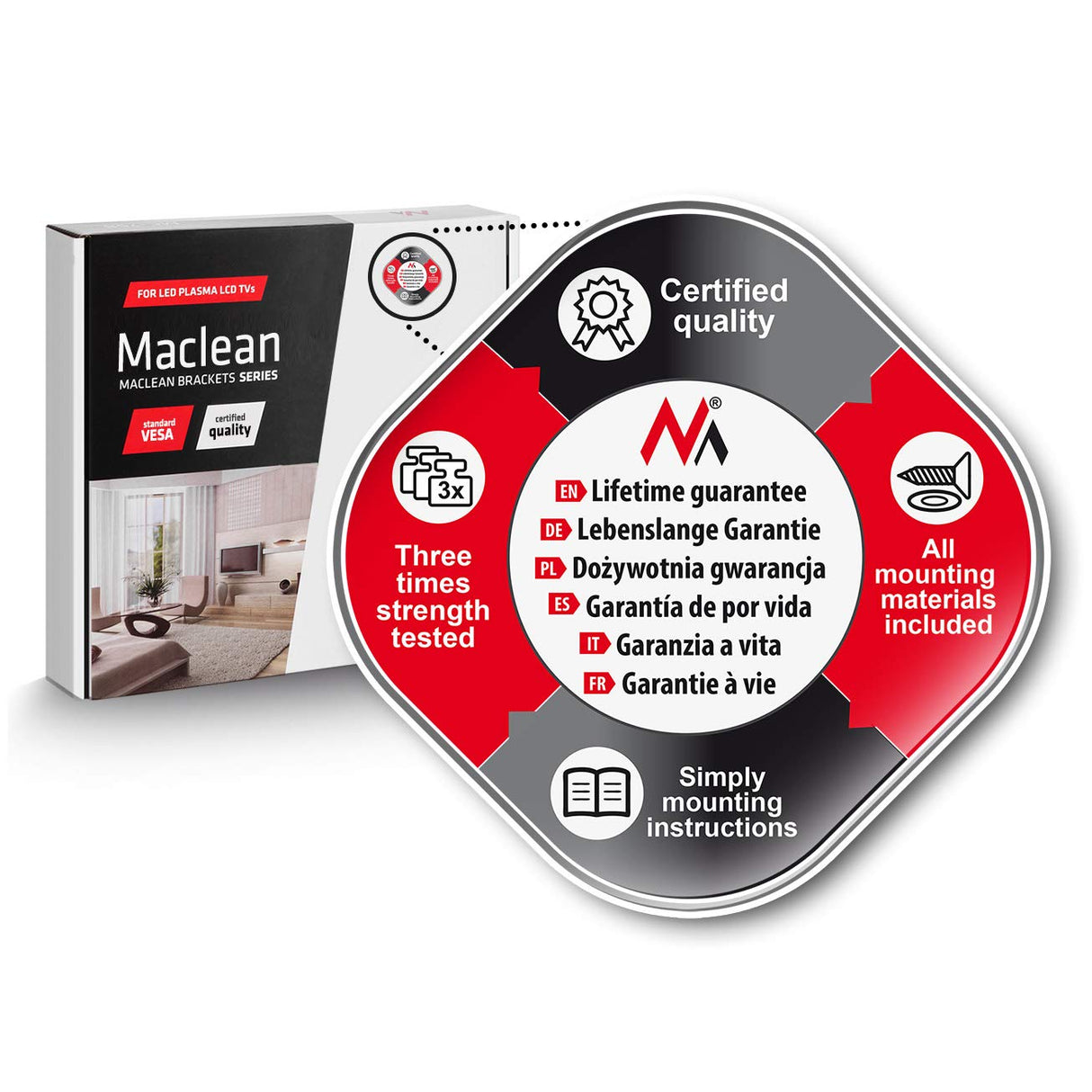 Maclean MC771-MC772 - Soporte de Pared para Pantalla con Estante para DVD (32"-55")