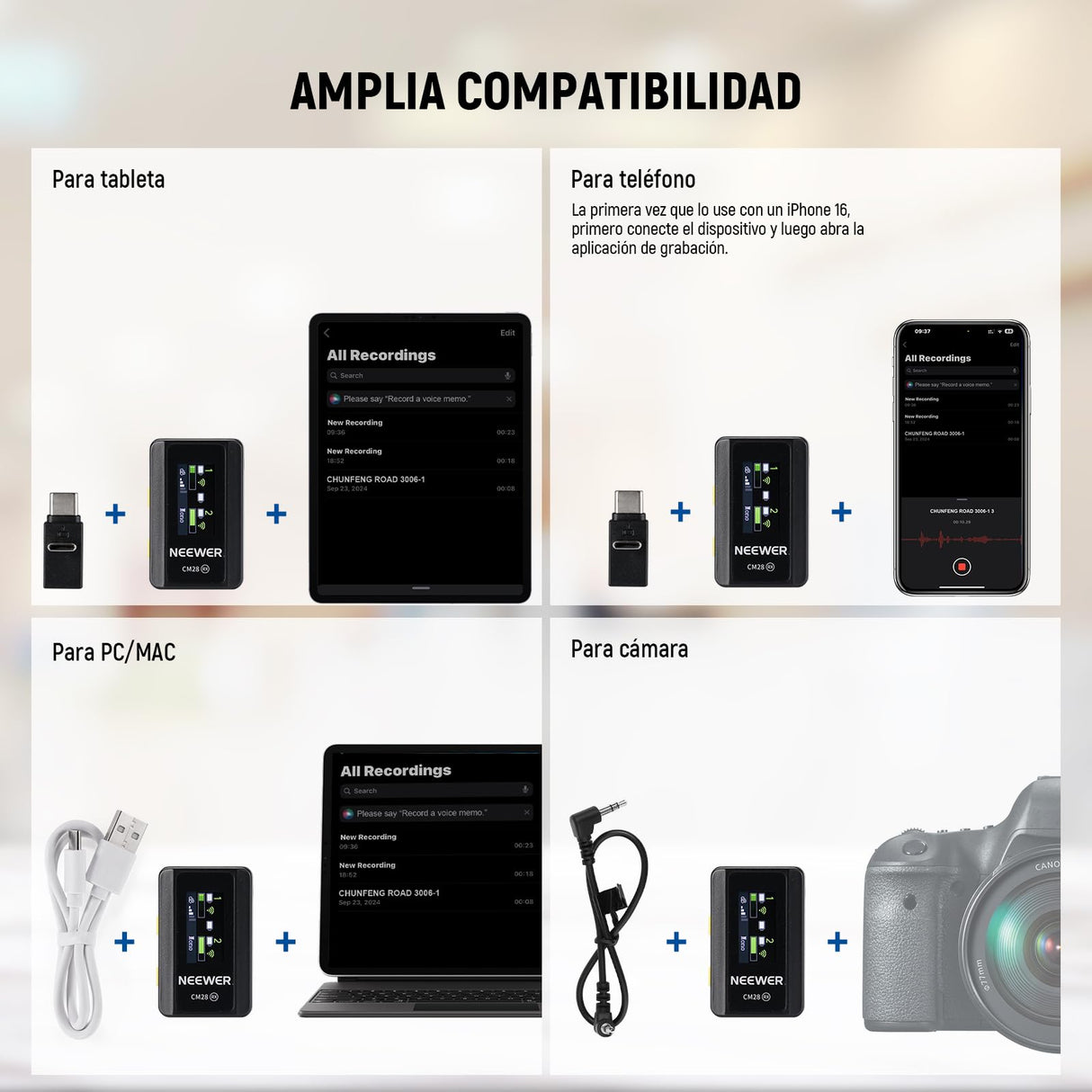 NEEWER CM28 Sistema Micrófono Lavalier Inalámbrico con Estuche Carga Cancelar Ruido 4GB Almacenamiento 9H Grabación 48KHz Audio 16 Bits Micrófono Solapa Compatible con iPhone iPad Android PC Cámara