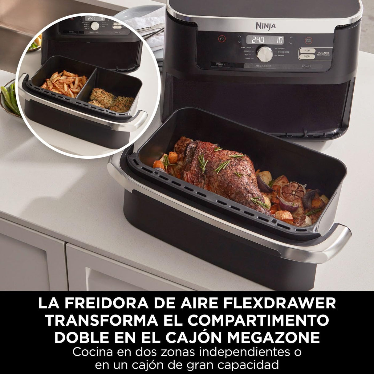 Ninja Foodi FlexDrawer Freidora de aire con compartimento doble, 10,4 l, 7 en 1, no usa aceite, con divisor de cestas extraíble, piezas antiadherentes y aptas para lavavajillas, en negro, AF500EU
