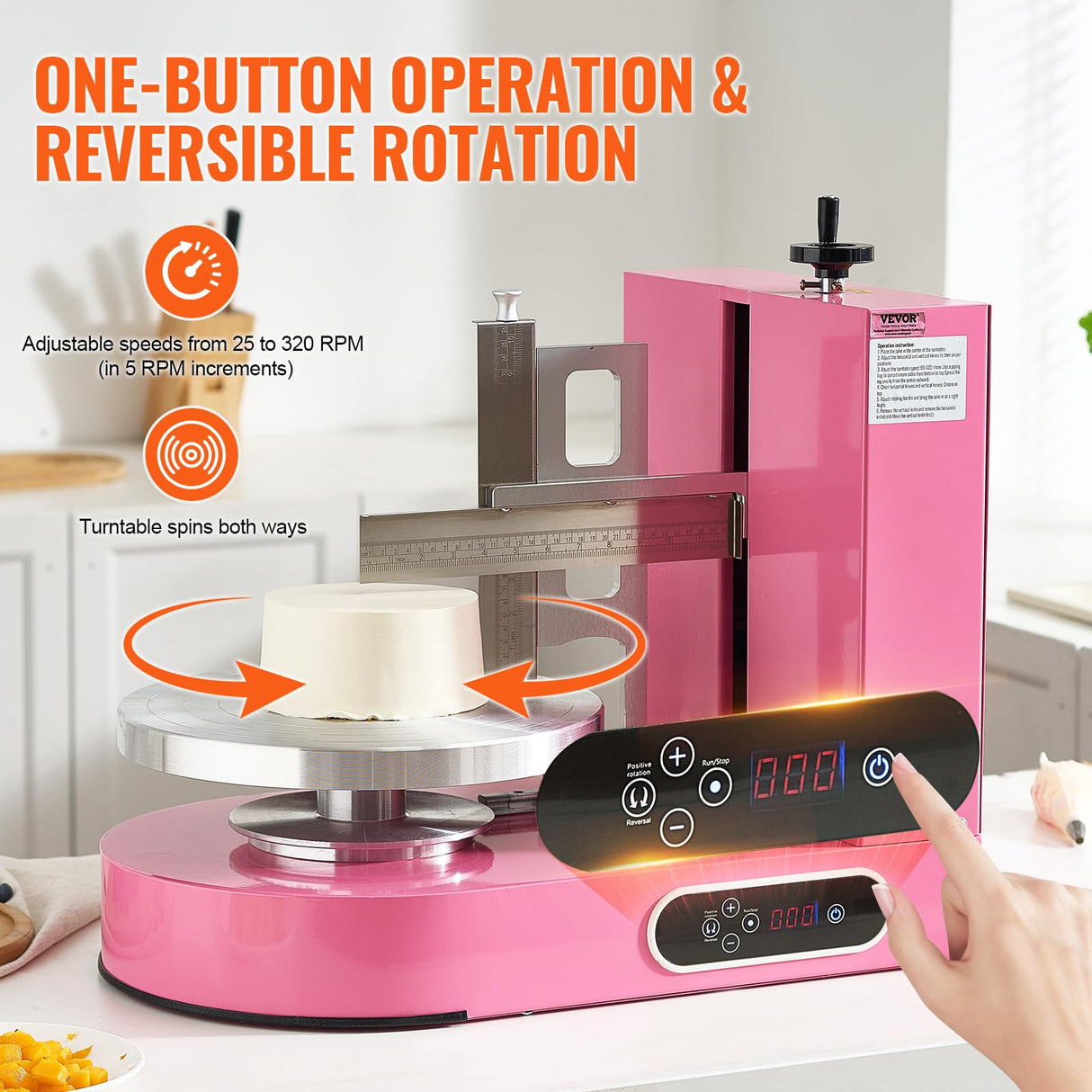 VEVOR Máquina para Decorar Pasteles, para Untar y Cubrir Crema, Bajo Ruido, Plato Giratorio con Raspador Ajustable, para Pasteles 15 y 35 cm, Velocidad de Rotación 25-320 RPM, Rosa, 600 x 370 x 550 mm