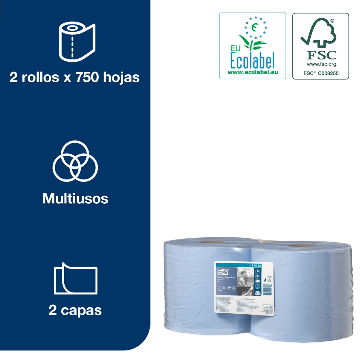 Tork 130052 Papel de secado extra Premium/Paños de limpieza compatibles con el sistema W1 y W2 / 2 x bobinas / 2 capas/Azul