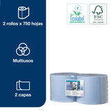 Tork 130052 Papel de secado extra Premium/Paños de limpieza compatibles con el sistema W1 y W2 / 2 x bobinas / 2 capas/Azul