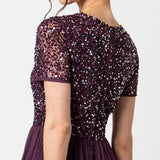 Maya Deluxe Vestido de Noche Midi Adornado para Mujer, Cuello En V con Manga Corta para Baile de Graduación Y Boda Dama de Honor, Frutas del Bosque, 48