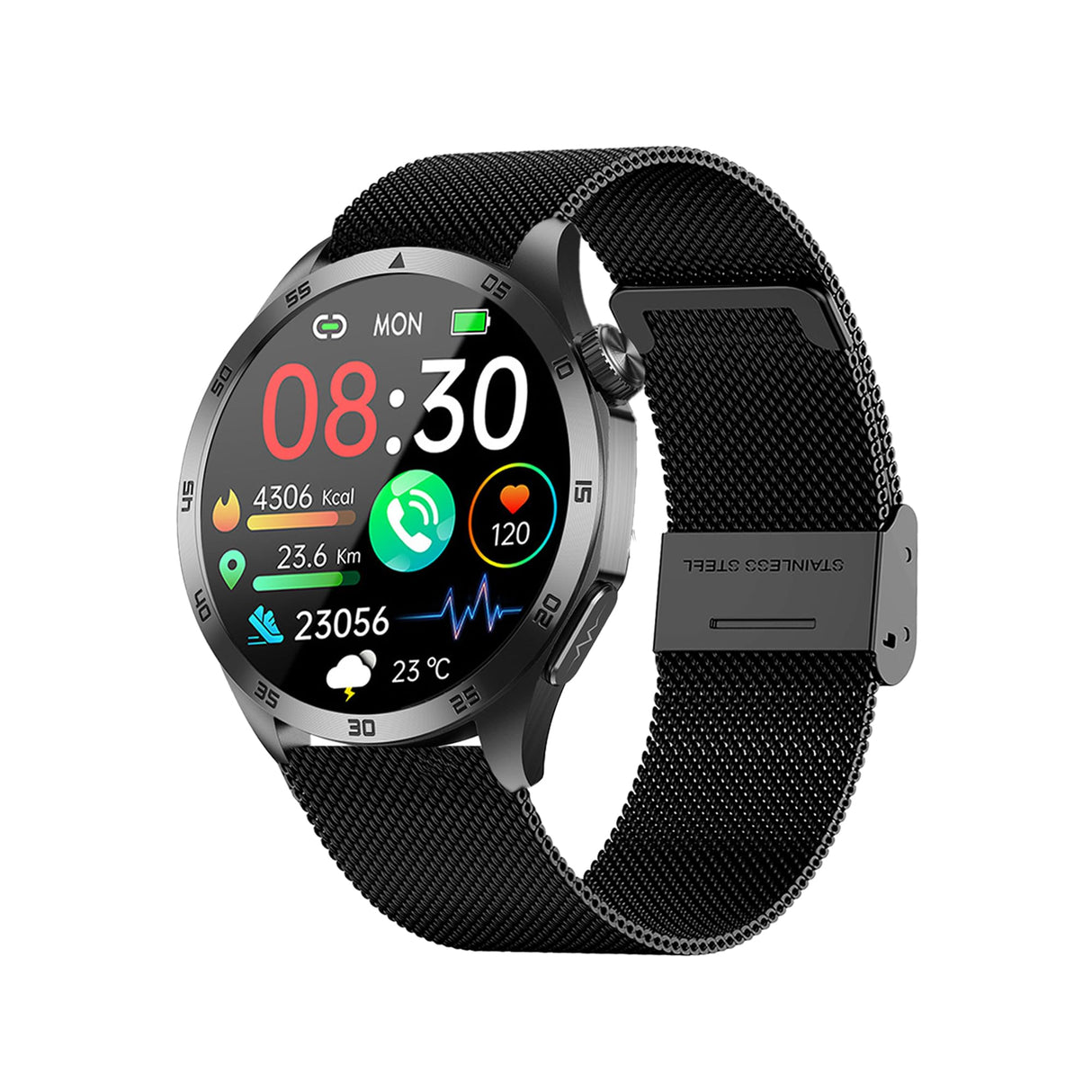Knauermann VALDUS Pro 3 Fan Edition Redondo (2025) Negro, Reloj Sanitario, Reloj Inteligente con función telefónica, ECG Plus HRV y función SOS, BT Bluetooth, apnea del sueño, Milanés, Negro, 14-24,