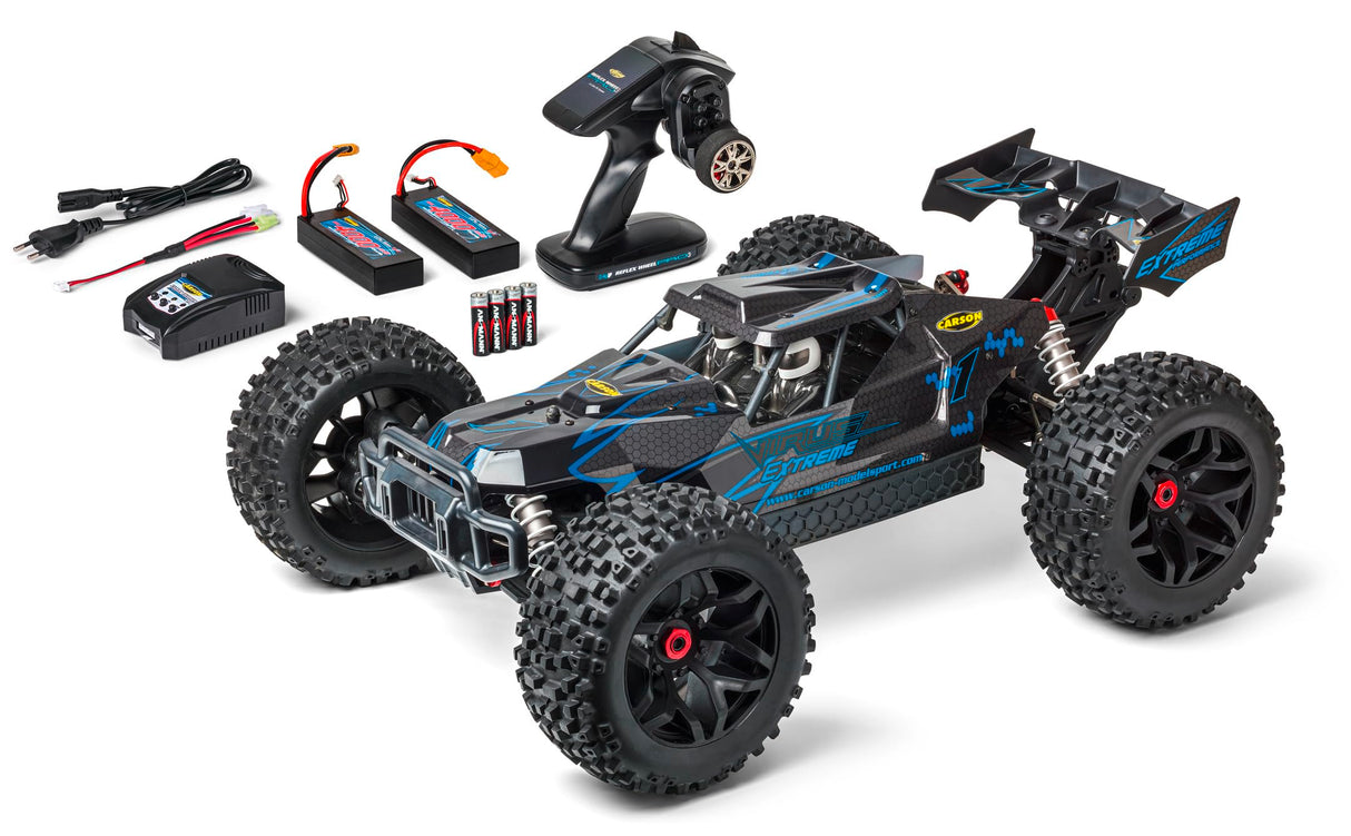 Carson 500409074 1:8 Virus Extreme 2.4G 100% RTR Azul - Buggy RC, Coche teledirigido, Offroad, vehículo RC, Coche RC 70 km/h, Coche RC