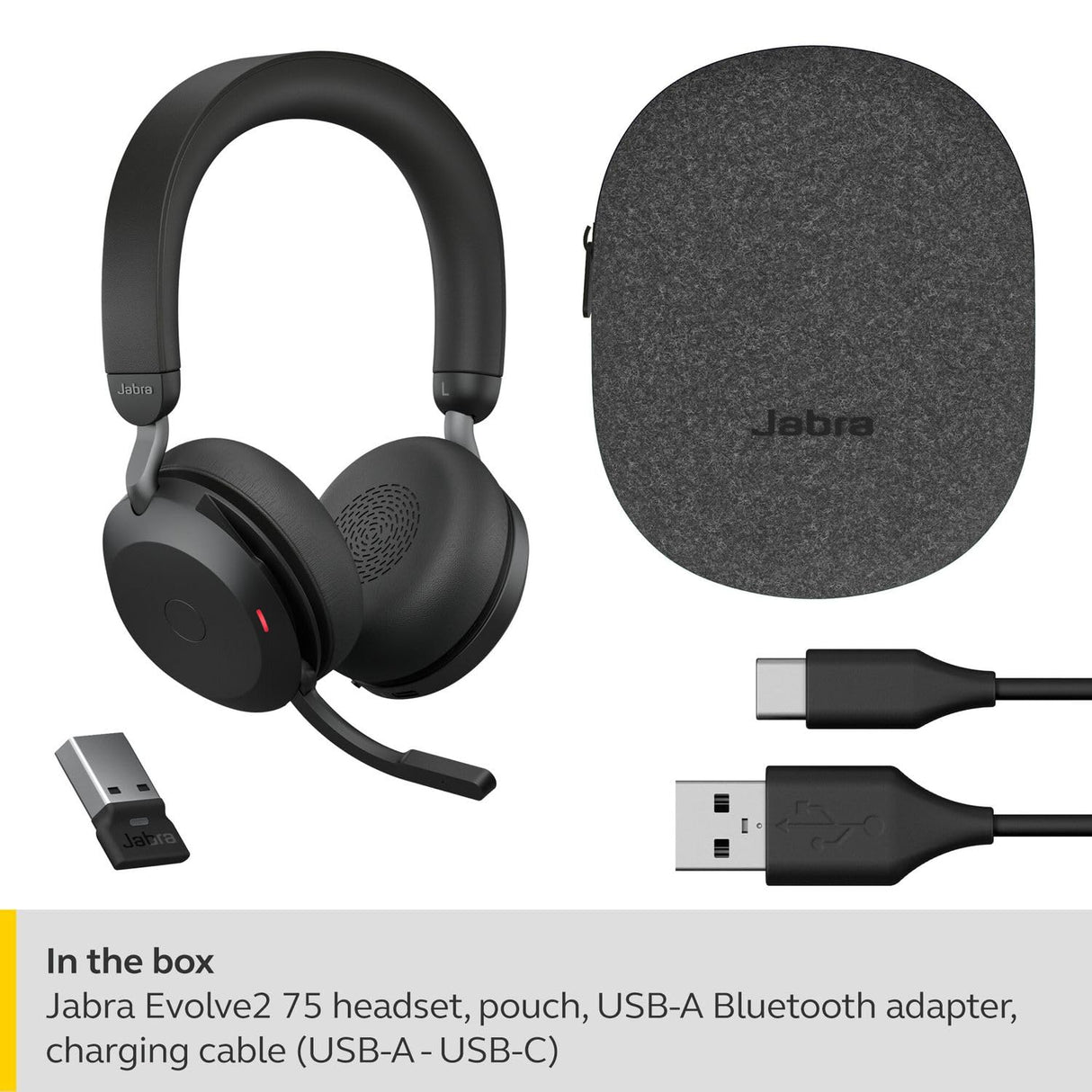 Jabra Evolve2 75 Auriculares Estéreo Inalámbricos para PC con tecnología de 8 micrófonos-Auriculares de Doble Espuma y Cancelación de Ruido Activa, Adaptador Bluetooth USB-A-Para MS Teams-Negro