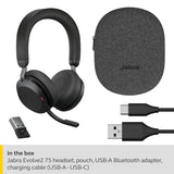 Jabra Evolve2 75 Auriculares Estéreo Inalámbricos para PC con tecnología de 8 micrófonos-Auriculares de Doble Espuma y Cancelación de Ruido Activa, Adaptador Bluetooth USB-A-Para MS Teams-Negro