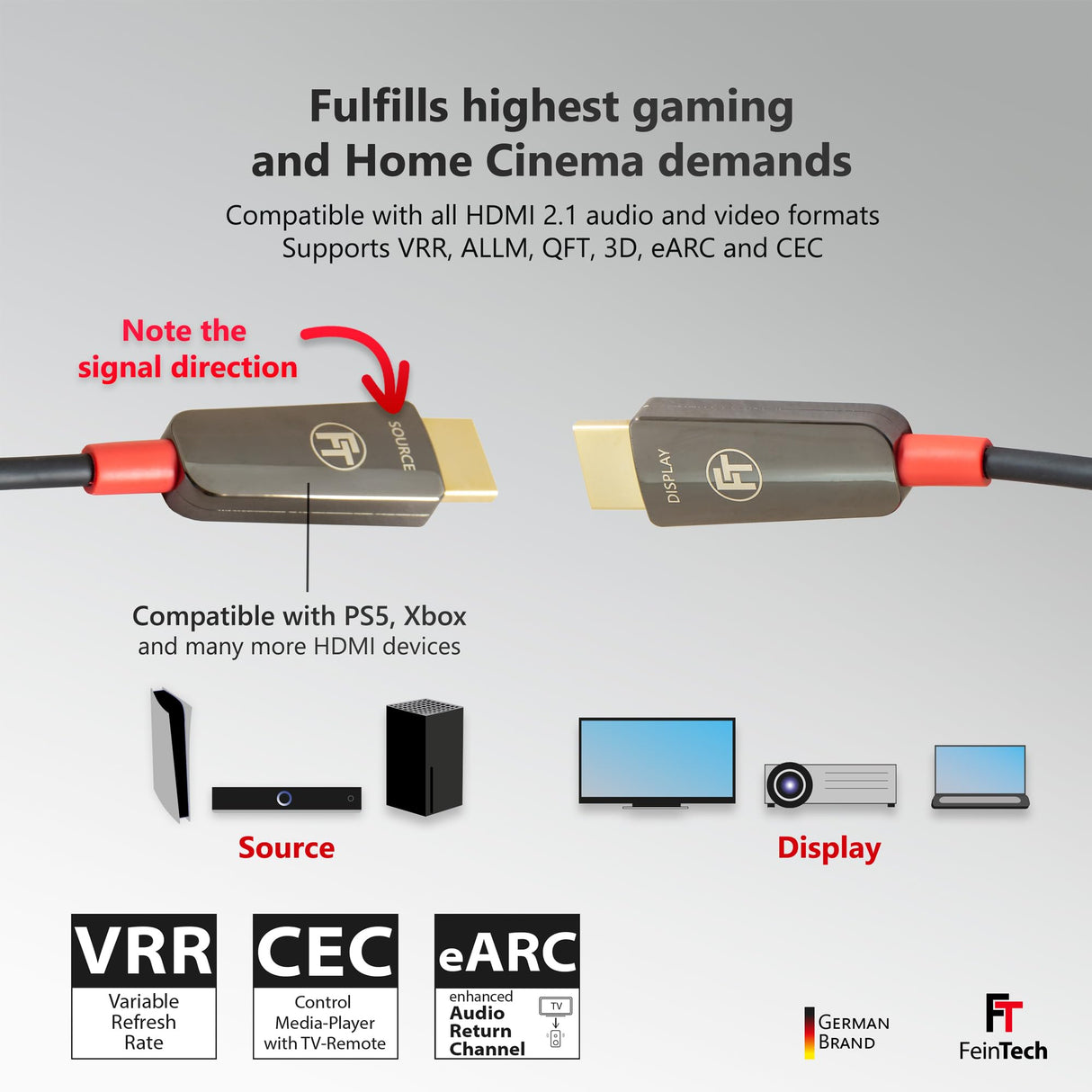 FeinTech 8K HDMI - Cable de fibra óptica (20 m, 4 K, 120 Hz, 1440 p, 144 Hz, para juegos HDMI 2.1, PS5, Xbox PC, TV, 48 Gbps, compatible con eARC, CEC, VRR, HDR, Dolby Atmos, 3D, VMI90200)