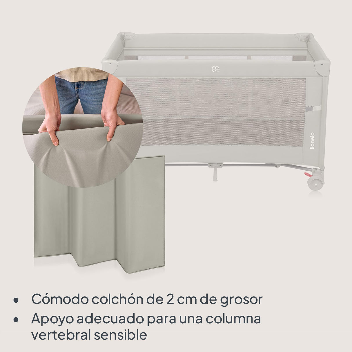 lionelo Ellen Cuna de Viaje 3 en 1 de 0 a 3 años, Cuna Colecho para Recién Nacidos y Mayores hasta 15 kg, 2 Alturas de Colchón, Correas de Amarre, Entrada Lateral con Cremallera, 2 Ruedas Bolsa