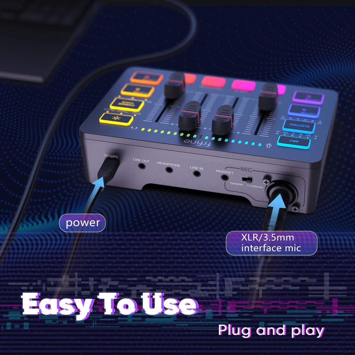 FIFINE XLR Streaming Micrófono Dinámico de Podcast, Mezclador de Audio, RGB Streaming Gaming Audio Mixer PC con Interfaz de XLR (AM8 + SC3)