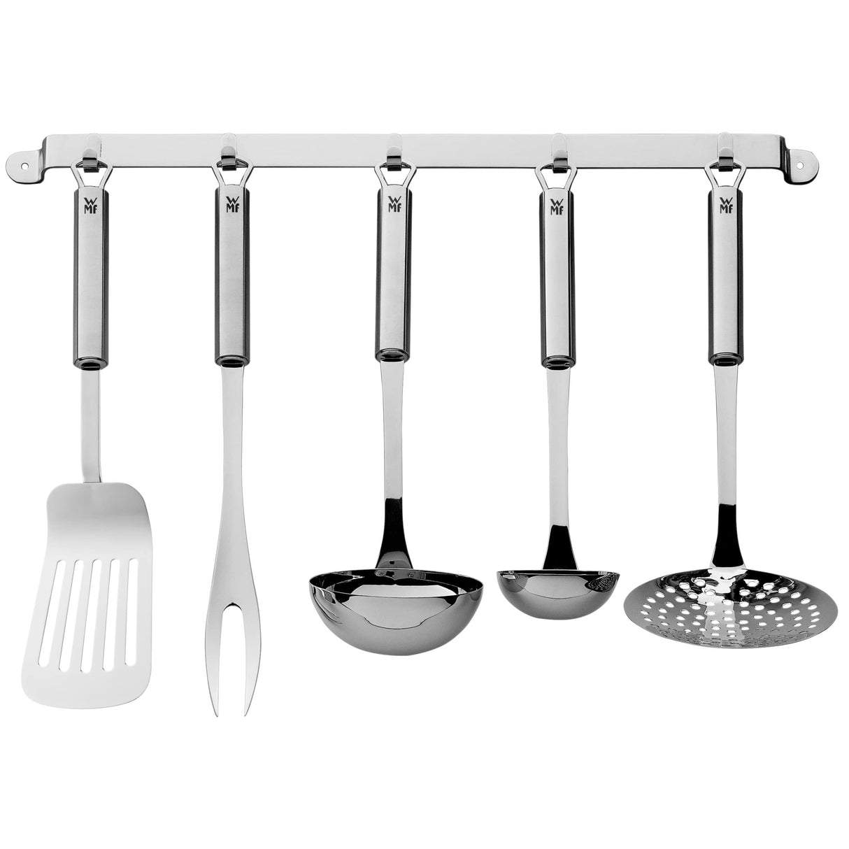 WMF Profi Plus - Juego de Cocina 6 piezas, Estante para Colgar con 5 Ayudantes, Cucharón, Espumadera, Cuchara para salsa, Espátula, Tenedor para carne, Acero Inoxidable Pulido