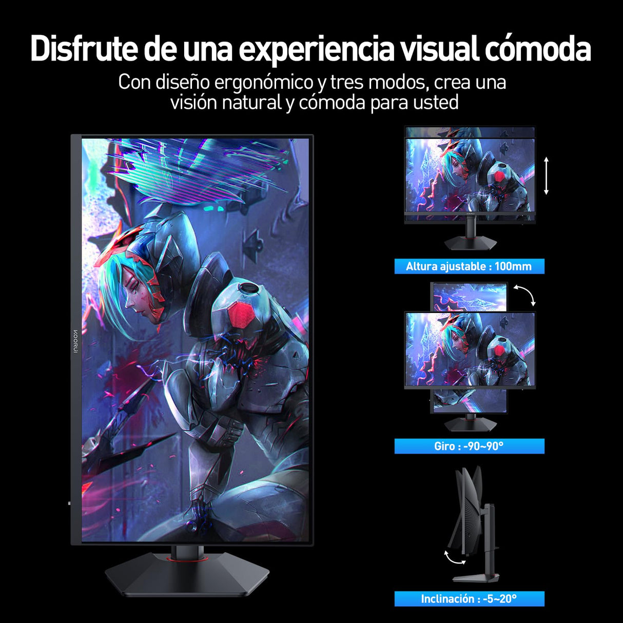 KOORUI G2741L 27" Monitor Gaming, UHD 2160P 160Hz / FHD 1080P 320Hz (Fast IPS, 1ms, Adaptive Sync, Giratorio, Inclinación, Altura Ajustable, Eye Care, HDR400, 10Bit, 2xHDMI 2.1, DP 1.4)