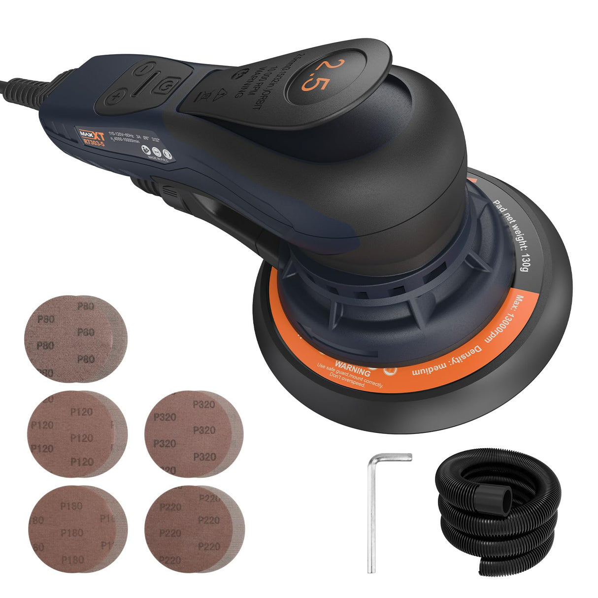Lijadora orbital 2,5 mm sin escobillas 350W MAXXT, Lijadora electrica 150mm 4000-10000RPM-(6 velocidades ajustables) Freno automático-2s, conexión de tres núcleos y 10 hojas de papel de lija