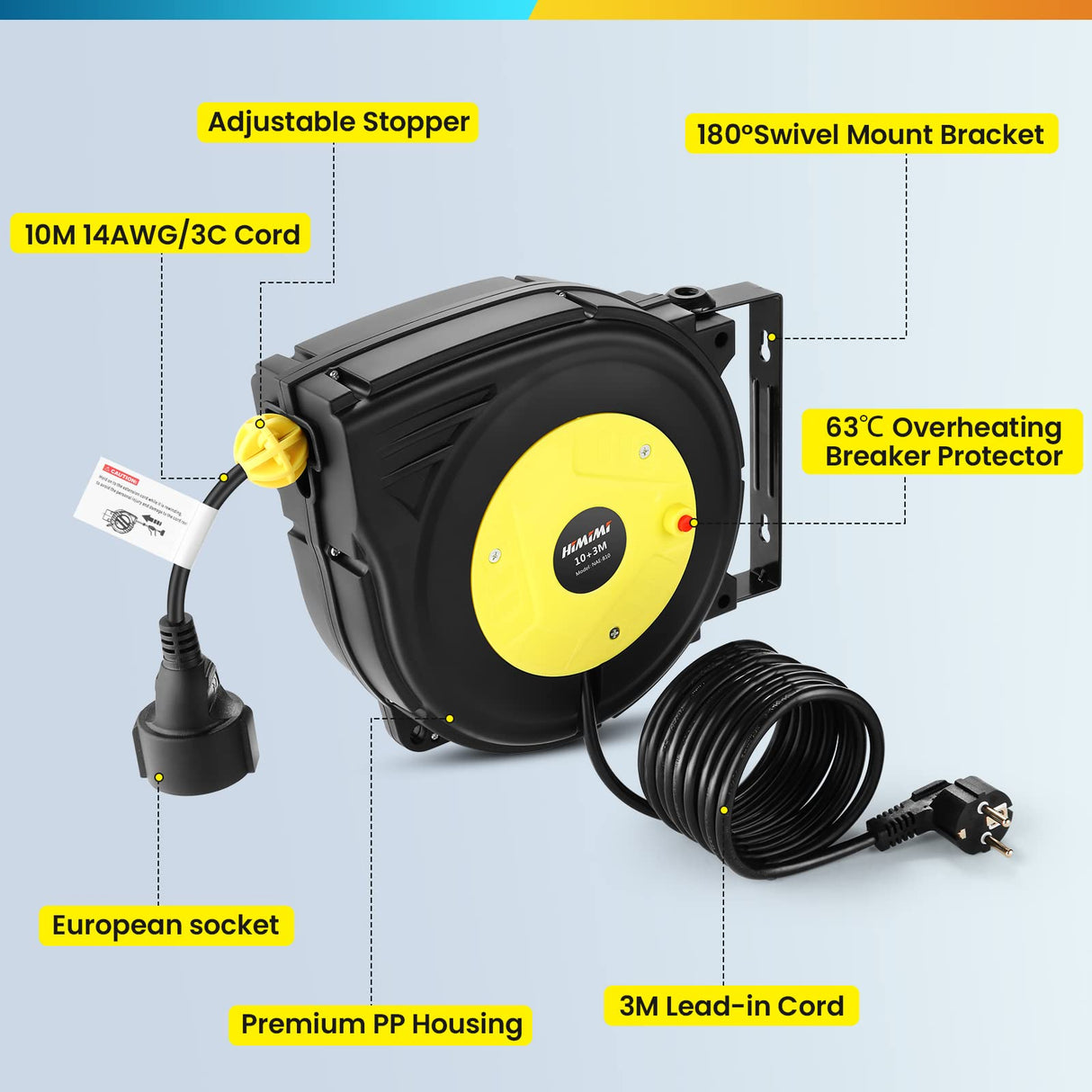 Enrollador de cable automático profesional 10 m + 3 m | Enrollador retráctil montado pared y techo | 1250 W ~ 2000 W | carretes de cable automática | Giratorio 180° | Para interiores y exteriores