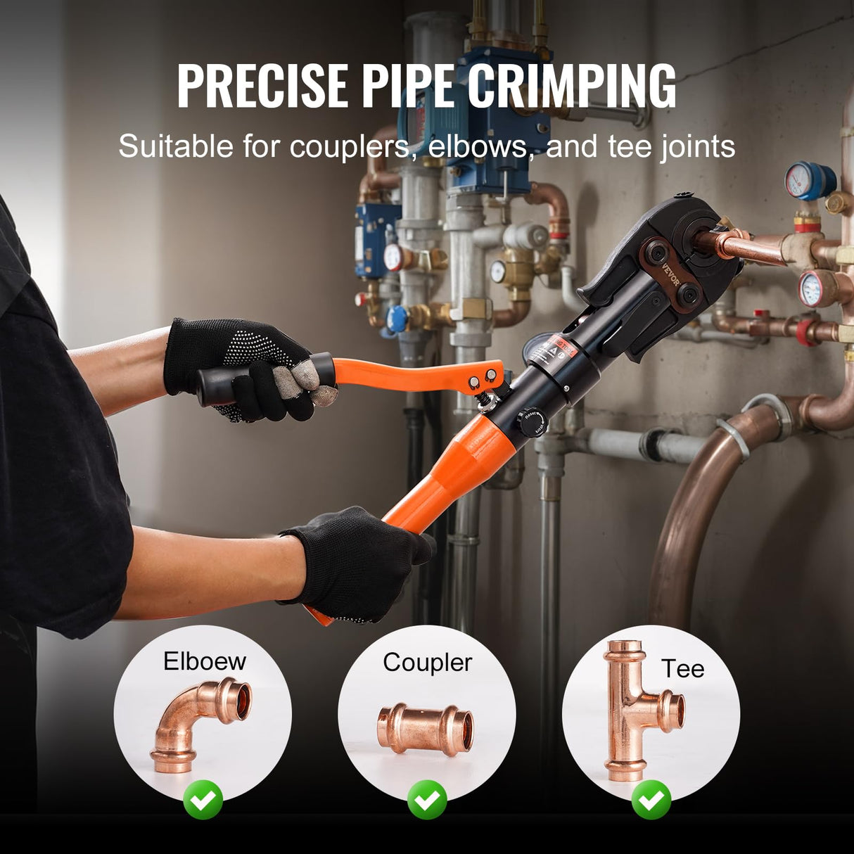 VEVOR Herramienta de Prensado Hidráulica de Tuberías para Accesorios de Tubos de Cobre, Mordazas de Cambio Rápido V12, V15, V18, V22, V28, Giratorio de 360° para Espacios Confinados, 415 x 220 x 70 mm
