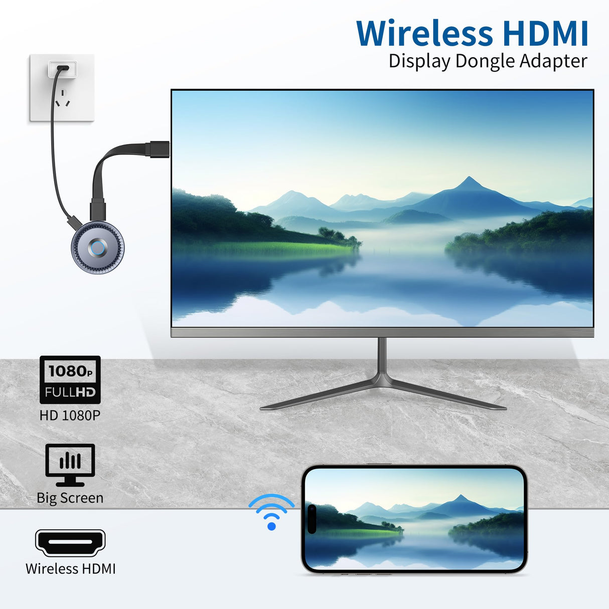 Miracast Wireless Hdmi Dongle Adapte, Hdmi Bluetooth Adapter Wi-Fi Dongle con Screen Mirror para Streaming de vídeo/Audio/Transferencia de Archivos Desde Ordenador portátil, PC, Smartphone a HDTV,